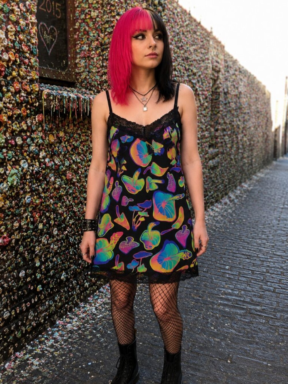 Body Rage Neon Mushroom Print Lace Cami Mini Dress Spencer's Medium NWT Goth